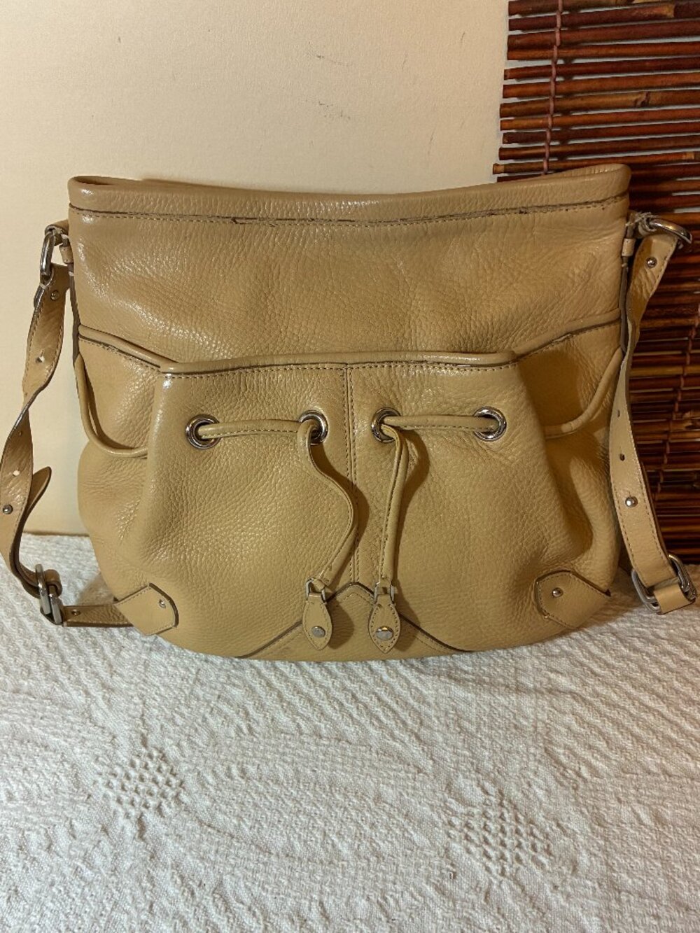 Cole Haan Camel Pebbled Leather Shoulder Bag Drawstring Pocket Hobo
